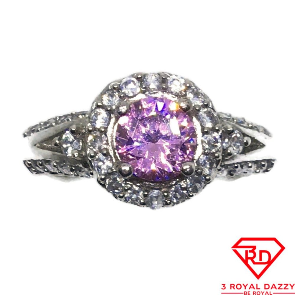 Pink Round CZ 4 prong White gold on silver Ring S8